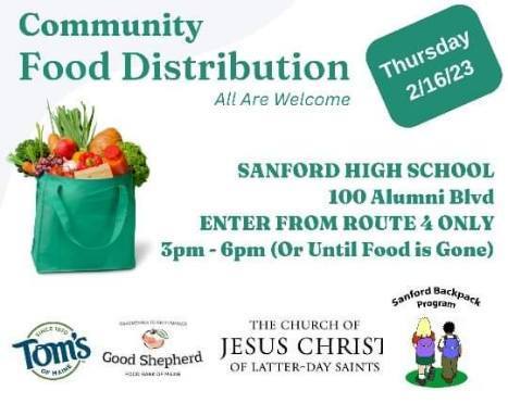 ​The Sanford Backpack Program is holding a food distribution open to all on Thursday, February 16th, from 3:00 - 6:00 p.m. at Sanford High School. All are welcome!
