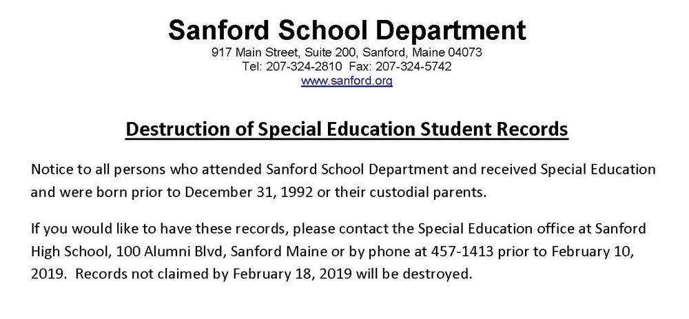 Special Education Records Notice
