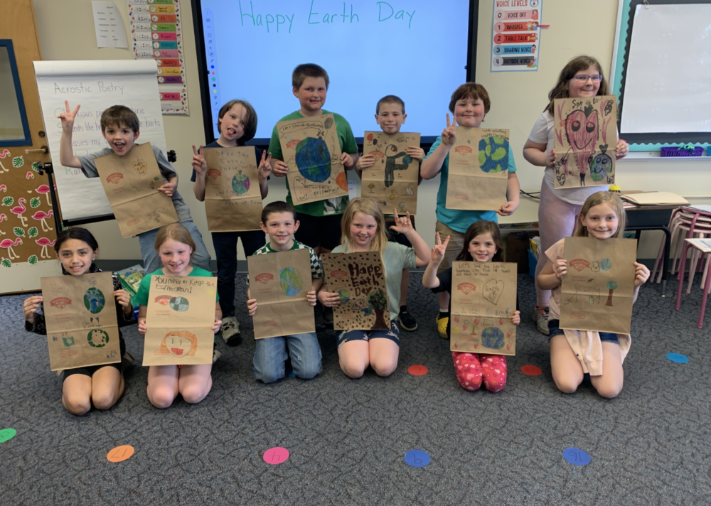 3rd graders in Brooke Lederer’s class at Carl J. Lamb completed their earth day project last week. They borrowed paper shopping bags from Hannaford, and the kids decorated them with Earth Day themed pictures and messages.
