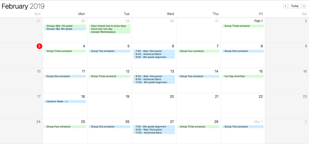 7/8 Band calendar - February