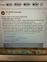 SHS school counseling college and career planning zooms offered on Wednesday