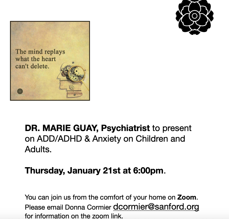 Flyer about a presentation on ADHD and Anxiety.