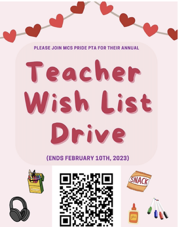 Margaret Chase Smith Pride PTA is hosting a Teacher Wish List Drive. They are seeking donations for classroom supplies to help get our teachers and students through the second half of the year. The drive ends on Friday, February 10th. Supplies will be dropped off to each individual teacher on or around Valentine's Day. You can sign up at this link: https://www.signupgenius.com/go/10c0f4aa9aa2eaafece9-teacher1#/